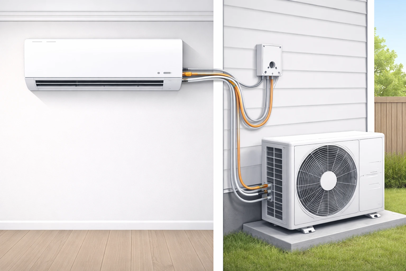 Illustration showing indoor and outdoor mini split components connected during installation