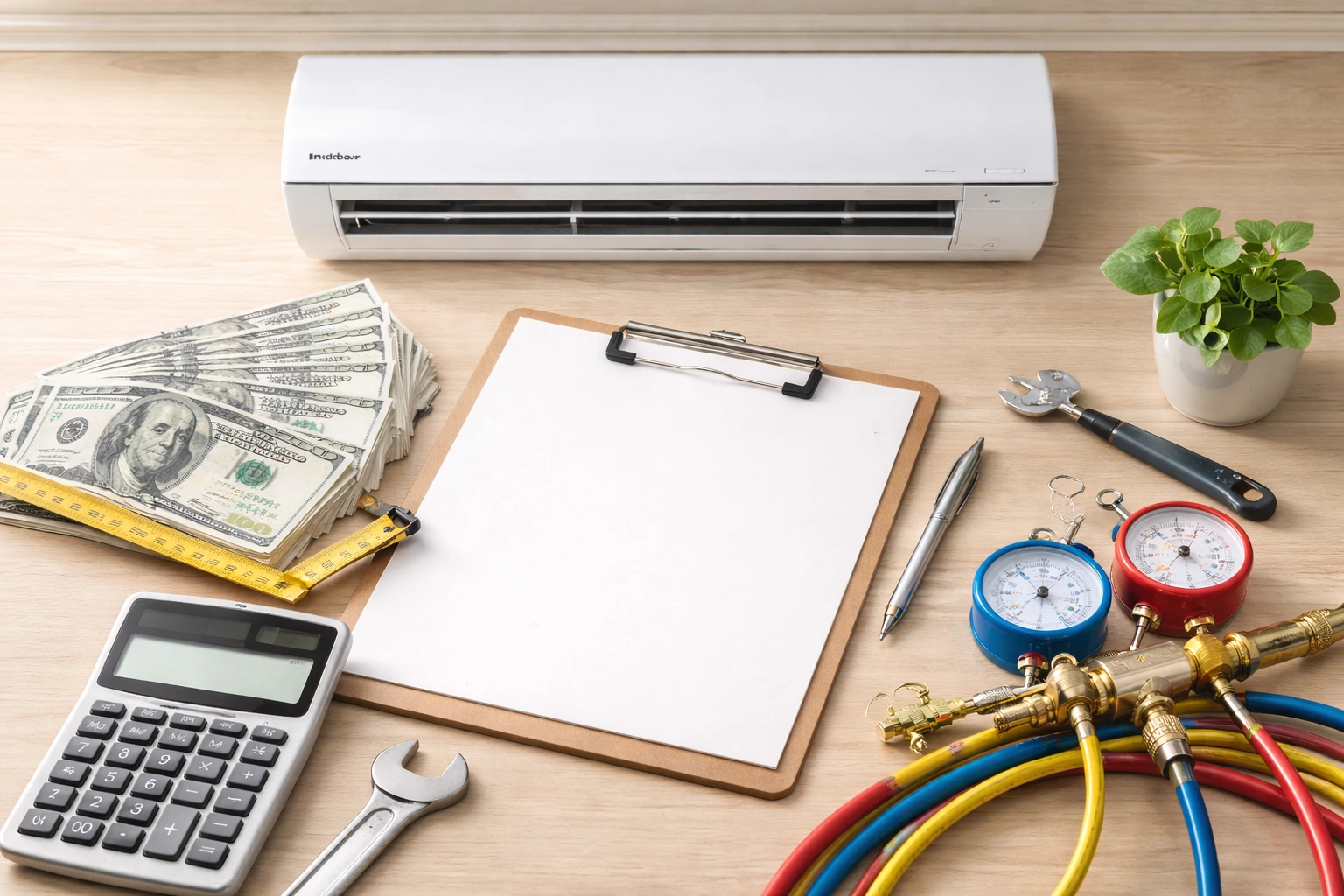 Mini split system with installation tools and cost planning materials