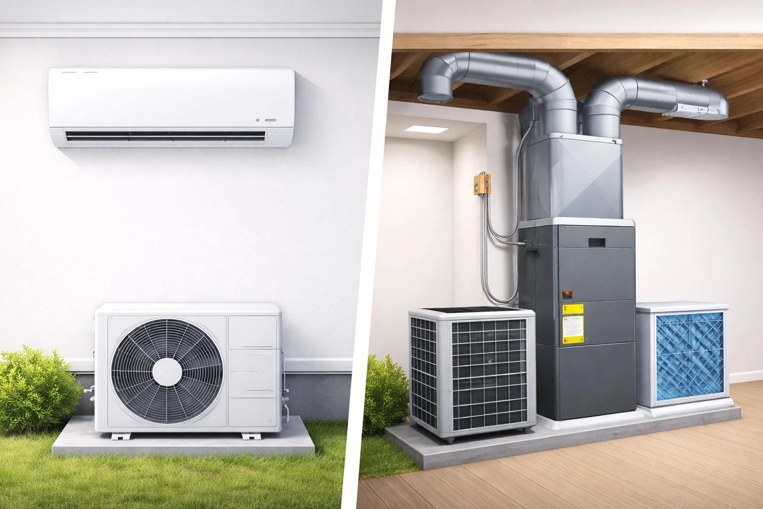 Side by side illustration comparing a ductless mini split system and a central air system