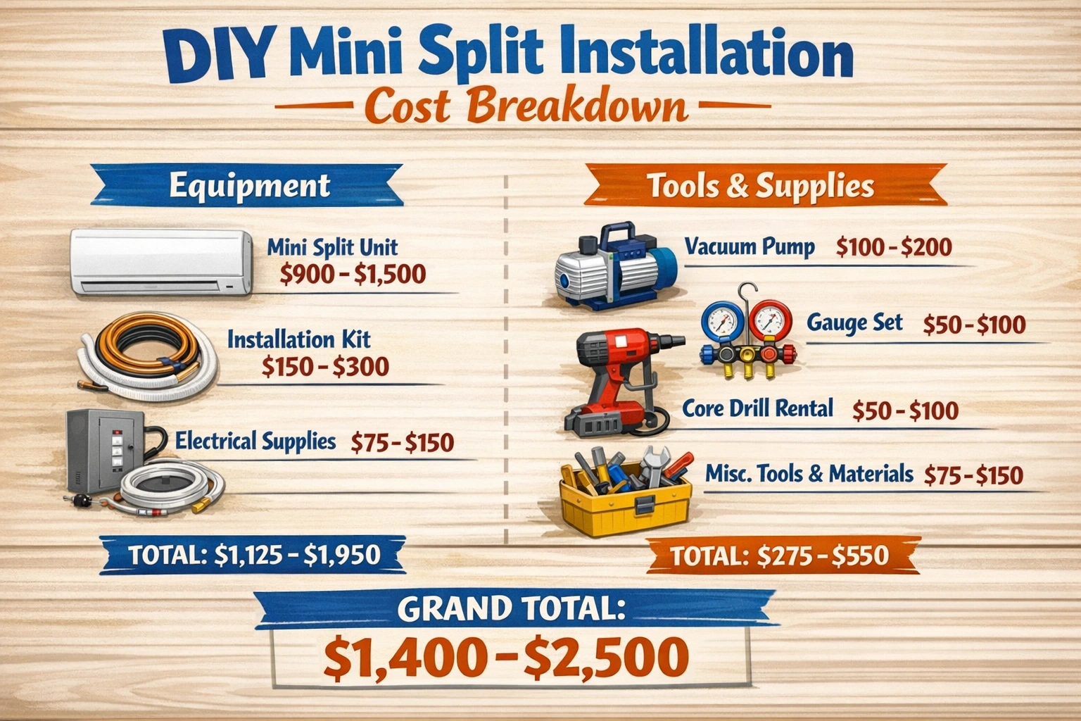 DIY mini split installation cost breakdown showing equipment, tools, and total price