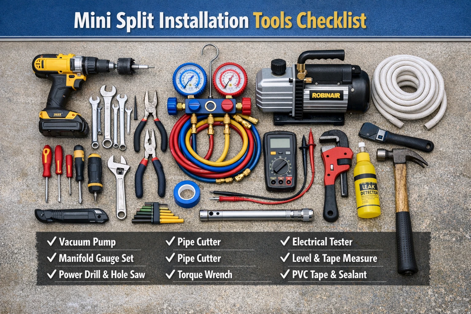 Tools needed for mini split installation including vacuum pump, gauges, and drill
